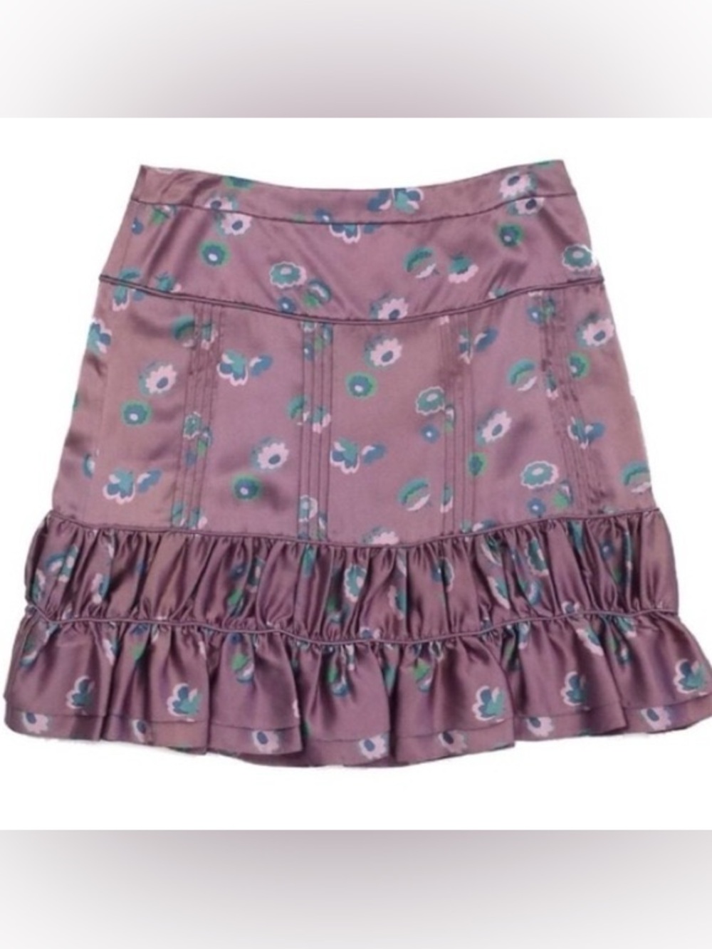 Marc Jacobs Mauve 100% Silk Floral Print Ruffled Pintucked Mini Skirt - Picture 1 of 5